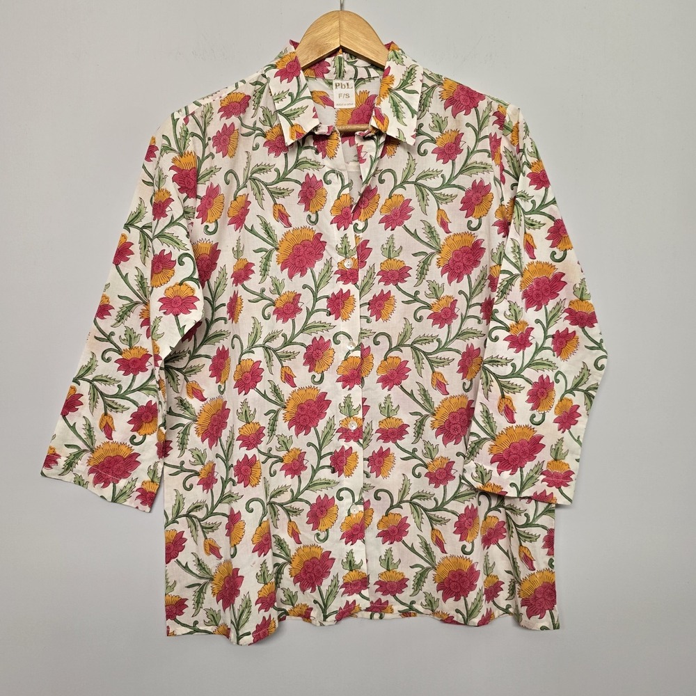 PbL Hand Block Floral Shirt India Button Down Womens 3/4 Sleeve Size M Cotton